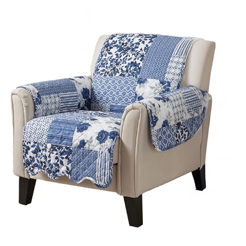 Great Bay Home Patchwork Scalloped Printed Furniture Protector Stain Resistant Chair Cover (Chair, Navy)