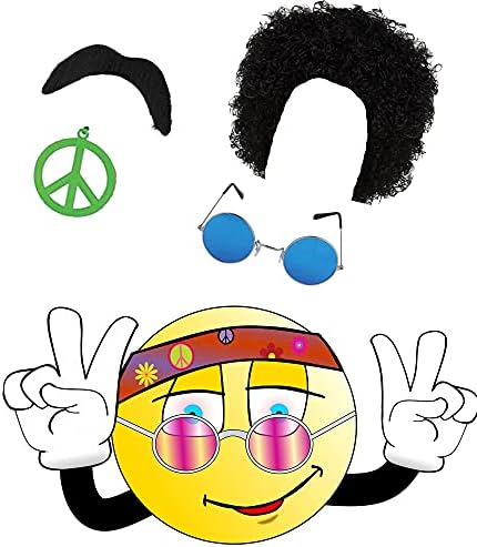 Blue Planet Fancy Dress Hippie Hippy Afro Wig Sunglasses Moustache Green Peace Medallion Fancy Dress