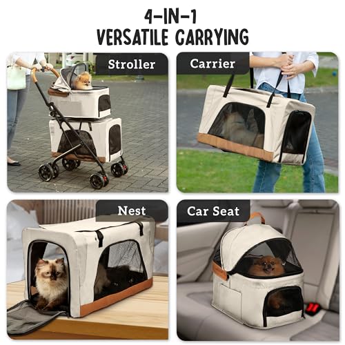 Image of Double Pet Stroller with Detachable Carriers - Ideal for 2 Dogs or Cats - Compact & Convenient Design - Easy Assembly Double Dog Stroller - Cosmic Beige