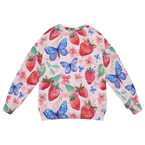JUNZAN Cute Strawberries Flowers Blue Butterfly on Pink Little Boys Sweatshirts Hoodies Crewneck Kids Hoodies Boys Sports 4T2