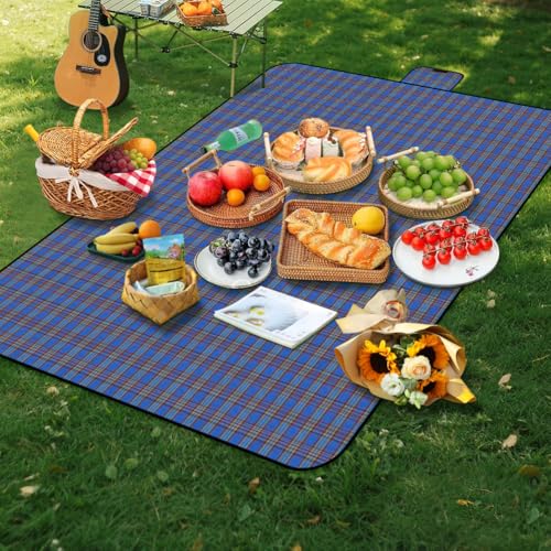 Alaoo Picknickdecke 150 x 200cm Beach Picknickdecke wasserdicht Tragbar Faltbar Strandmatte Waschbar Picknickdecken für 2-4 für Outdoor Camping Strand Park Picknick (Blau Streifen)