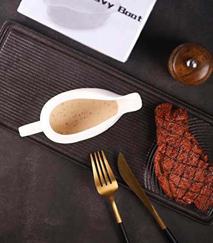 Gravy Boat & Tray - EXTRA SIZE - With Ergonomic Handle | White Fine Porcelain Saucier With Big Dripless Lip Spout | For Gravy, Warming Sauces, Salad Dressings, Milk, More | Microwave & Freezer Safe - Thumbnail 5