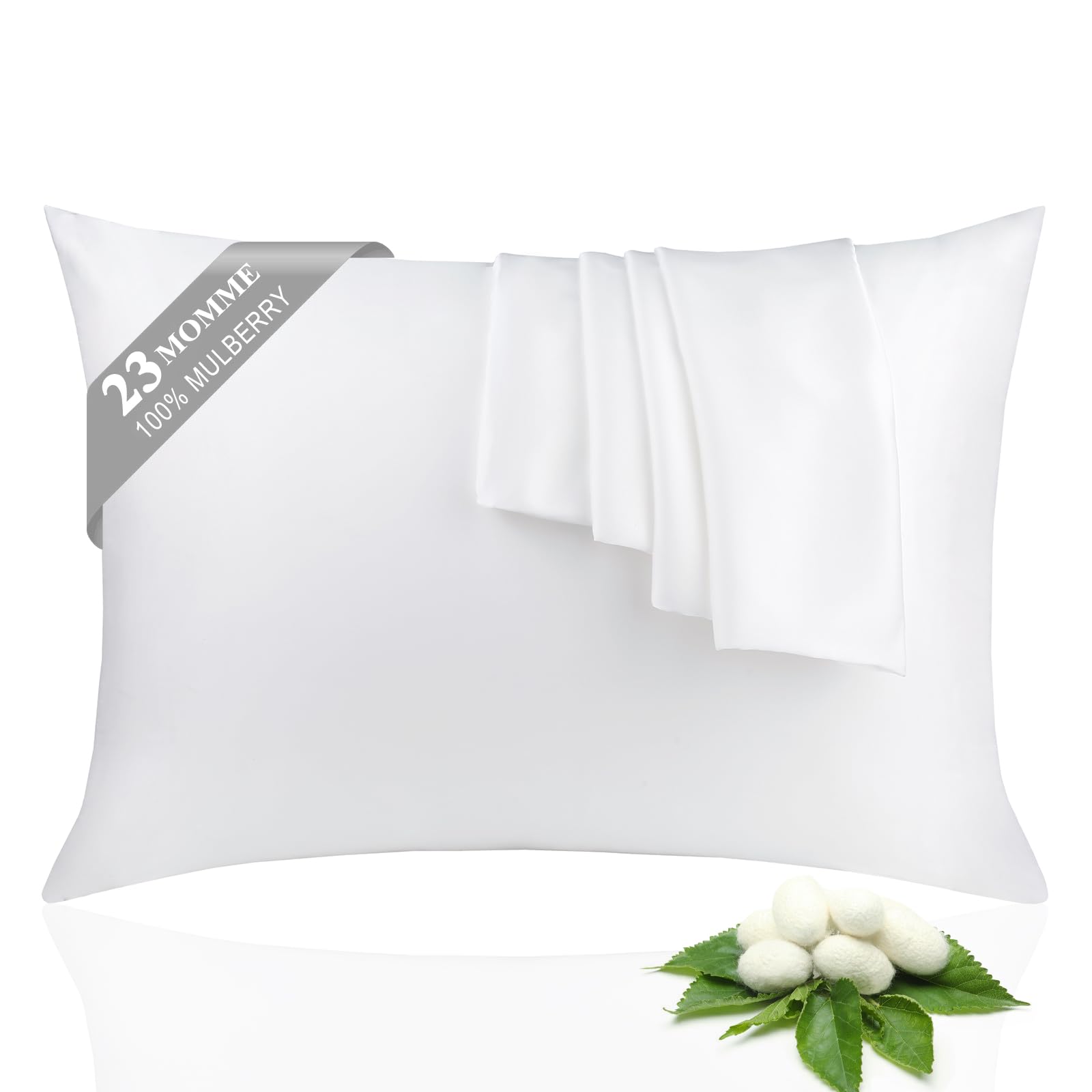 100% Silk Pillowcase 2 Pack for Hair and Skin, Both Sides 23 Momme Grade 6A+ Mulberry Silk Pillowcases with Hidden Zipper, Soft&Smooth Cooling Pillow Cases (White, King 20×36)
