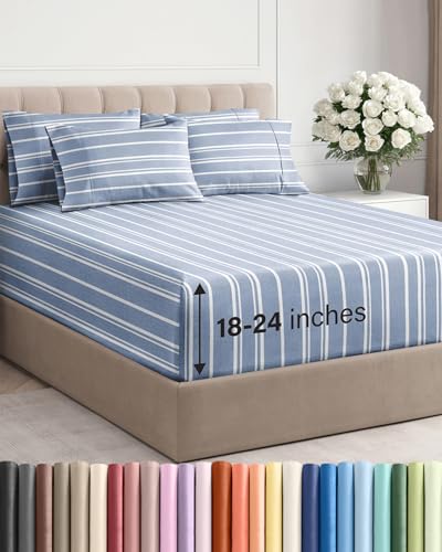 Extra Deep Full Sheet Set - 6 Piece Breathable and Cooling Sheets - Hotel Luxury Bedding for Women, Men, Kids & Teens - Easy & Secure Fit - Soft and Wrinkle Free - Extra Deep Pockets - Blue Stripes