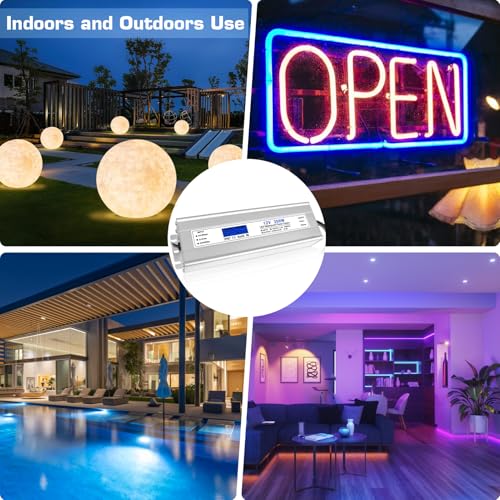 Image of LED Driver 200 Watts, IP67 Waterproof 12V Power Supply, AC 90-140V to DC 12V 16.67A Low Voltage Transformer with 3-Prong Plug 3.28ft Cable for LED Lights, Computer Project, Outdoor Use