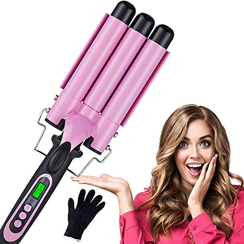 RoseTree 3 Barrel Curling Iron Wand Dual Voltage Hair Crimper, 25mm Hair Waver Curling Iron with LCD Display, Temperature Adjustable Hair Waver for Women or Girls