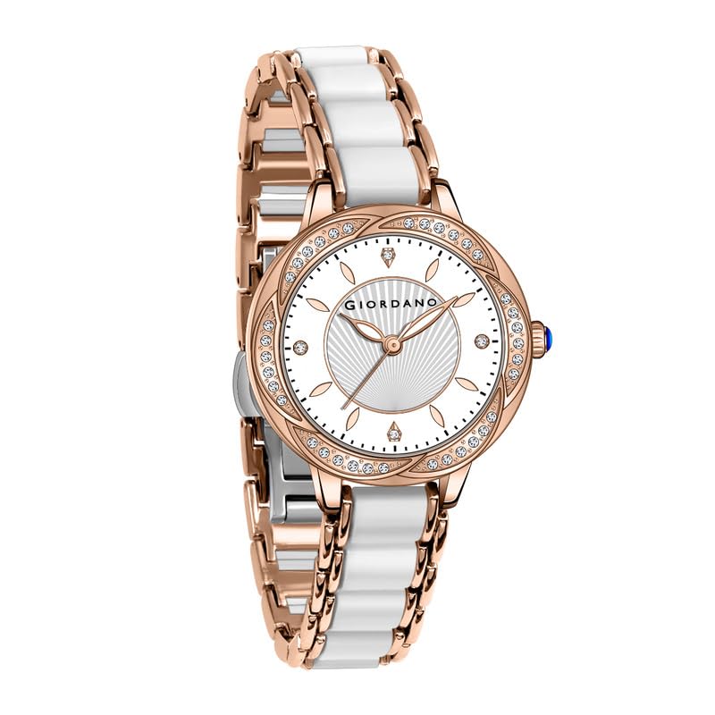 Image of Giordano Flower Case Watch for Women with Crystal-Studded Bezel, Diamond Hour Markers & Dual Tone Stainless Steel Strap