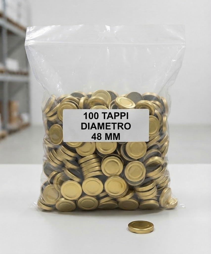 Generico Capsula Diametro 48 Tappo Vite Venduto in pacchi da 100 Pezzi | 100 tappi twist-off Ø48 mm oro lucido, chiusura ermetica per conserve, marmellate e miele. Qualità professionale