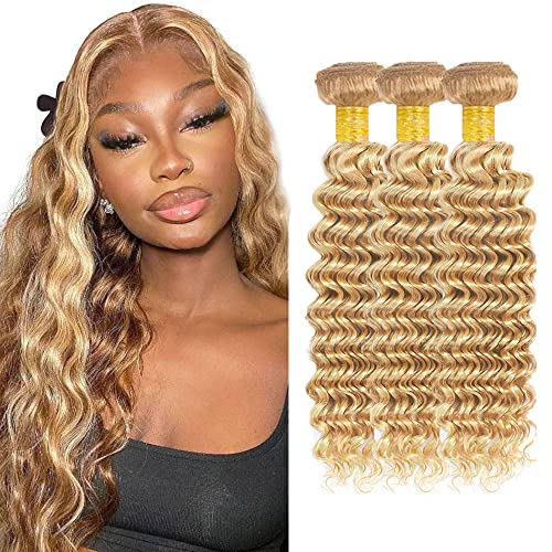28 30 32 inch P27/613 Human Hair Bundles Blonde Deep Wave 3 Bundles Two Tone Honey Blonde Bundle 613 and 27 Hair Extensions