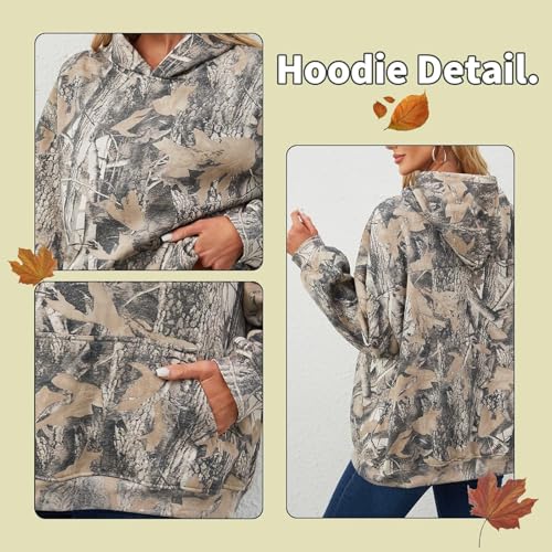 Women Oversized Fleece Camo Hoodies Maple Leaf Hooded Sweatshirt Casual Long Sleeve Fall Pullover Tops With Pockets - Image 7
