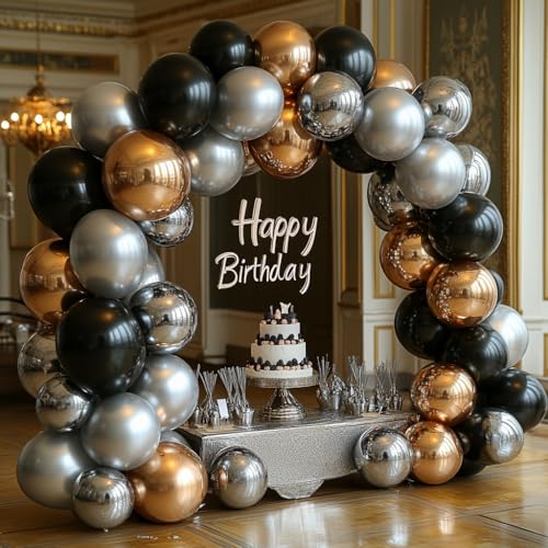 Image of Bezente Black Silver and White Confetti Balloons Set 60pcs 12 inch