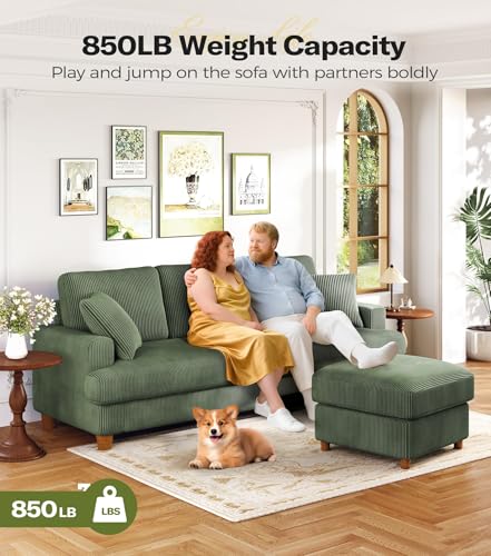 Image of Kidirect 87 inch L Shaped Modular Sectional Sofa & Ottoman Green Corduroy Couch | Modular Couch, No Tool Assembly, Comfy Sectional Couches for Living Room, 21 inch Deeper Seats, Boho Corduroy Sofa with 2 Pillows