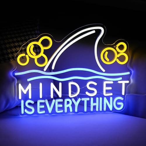 Image of Mindset is Everything Neon Sign Led Fish Shark Neon Light Up Sign Dimmable Inspirational Neon Wall Decor sign for Classroom Office Bedroom School 16.5 * 12.6 IN