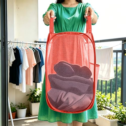 Image of Larpur Popup Mesh Laundry Basket, Collapsible and Portable Clothes Washing Laundry Hamper with Reinforced Carry Handle (Red)