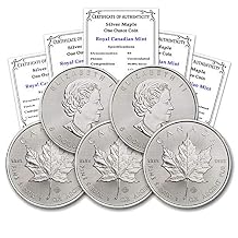 1988 - Present Random Year Lot of 5 1 oz Silver Maple Leaf Brilliant Uncirculated with Certificates of Authenticity $5 Seller BU