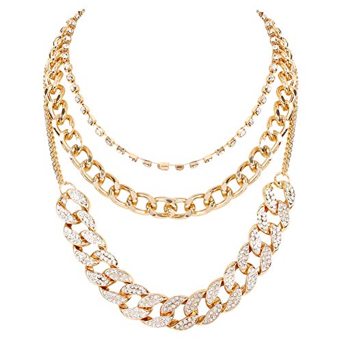 Statment Cuban Link Layered Necklace Rhinestone Chain for Women Girls Hip Hop Bling Gold Chain Crystal Choker Necklace Jewelry