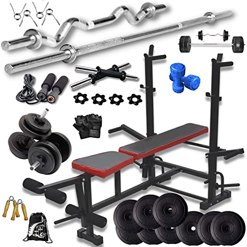Image of BODYFIT 50Kg Weight Plates Combo Home Gym Set Exercise Set,rods,with Heavy 8 in 1 Multipurpose Bench.