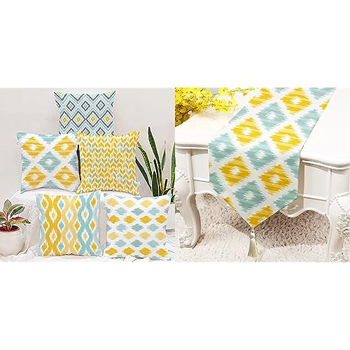 STITCHNEST Ikat Yellow Teal Printed Canvas Cotton Cushion Covers (Set of 5, 16X16 Inches) with Table Runner (13 X 60 Inches)