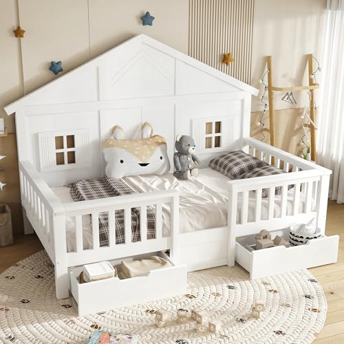 Kinderbett Hausbett 90x200, Montessori Bett Holzbett mit Rausfallschutz&Lattenrost, Einzelbett mit 2 Schubladen&Fenster&Dach, Gitterbett Jugendbett Bettgestell Spielbett, Kiefer, Ohne Matratze, Weiß