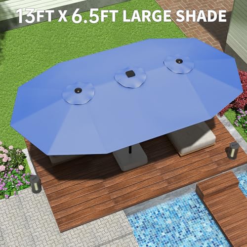 GarveeHome 13ft Large Patio Umbrellas with NO Base, Outdoor Double-Sided Rectangle Market Umbrella with Crank Handle, for Pool Lawn Garden