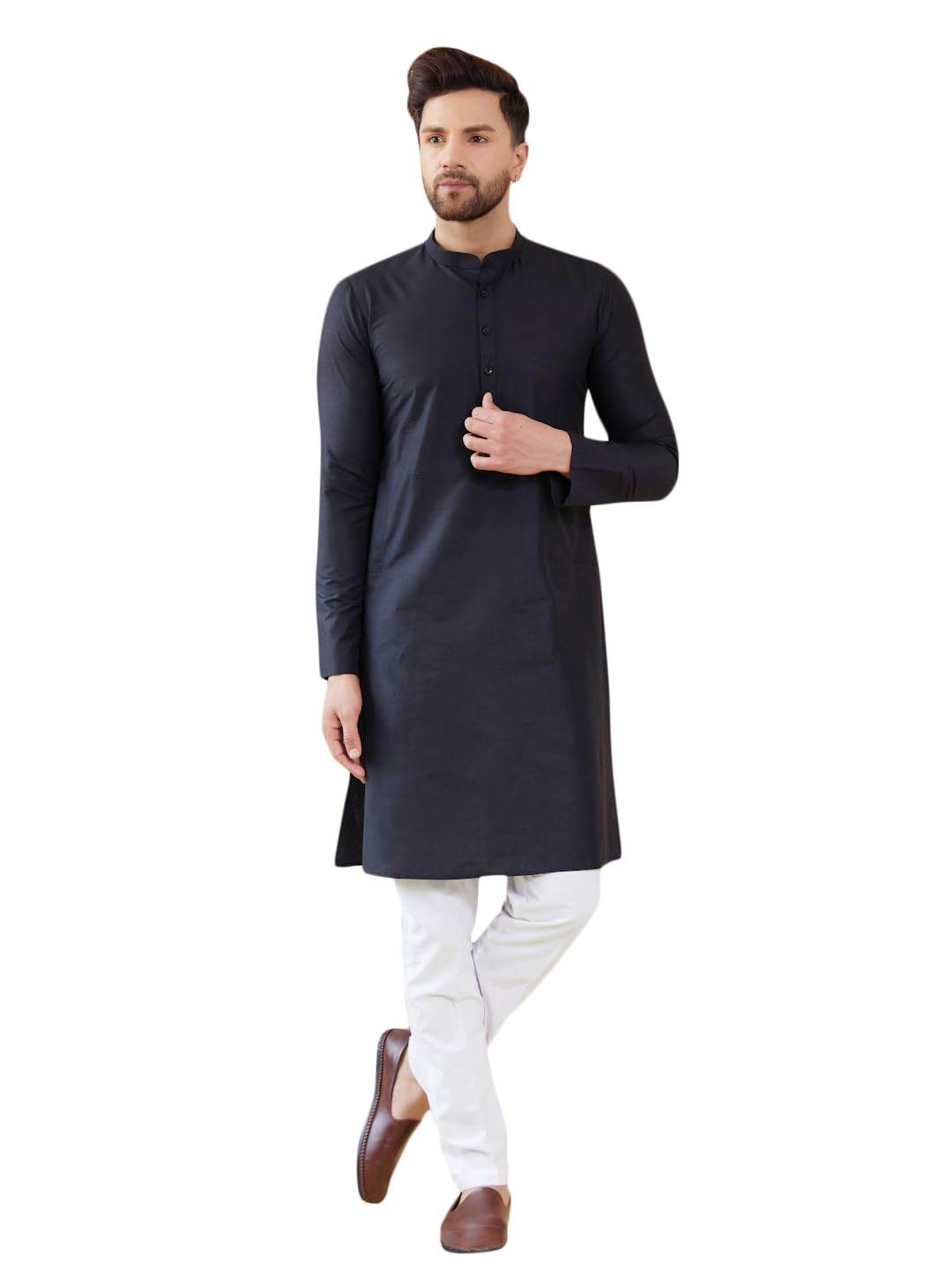See Designs Men Full Sleeve Side Slit Black Cotton Solid Straight Mandarin Collar Kurta - Sdkt2411Xl
