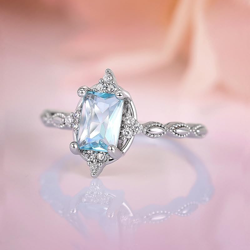 Shiny Womens Rectangle Sapphire Ring CZ Zirconia 18K 925 Silver Plated Square Blue Gemstone Topaz Eternity Engagement Anniversary Wedding Band Promise Cocktail Bands for Women Jewelry Gift(8) - Image 5