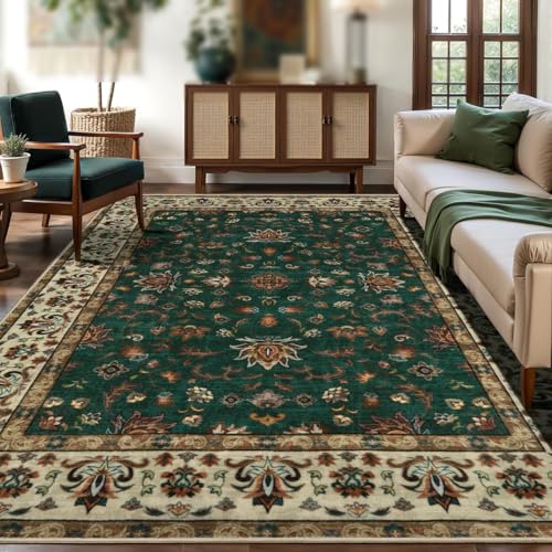 VARIKASHOM Tappeto Pelo Corto Lavabile, Tappeti Decorazioni Casa Salotto Camera da Letto, Vintage Shabby Chic Floreale Verde, Marrone, Bianco, Tortora, 90 x 120 cm