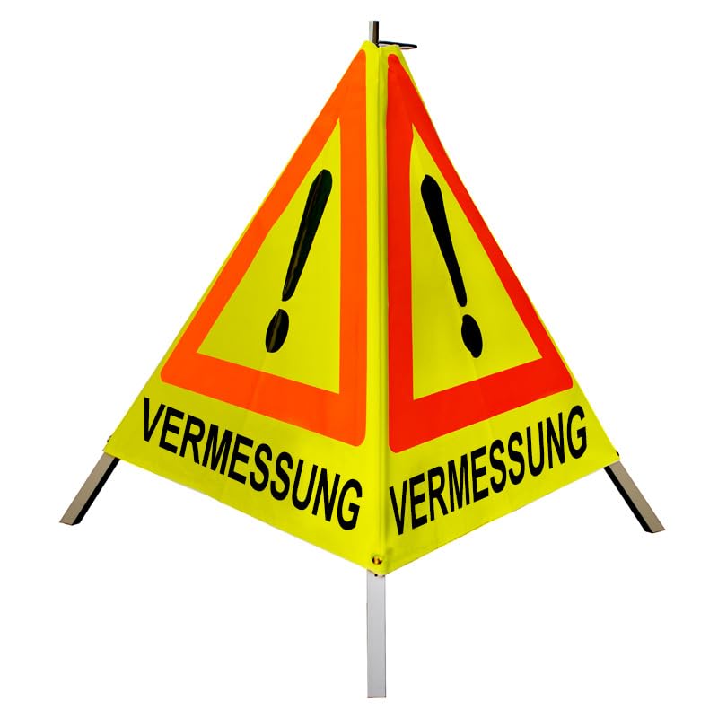 Warnpyramide/Faltsignal - VERMESSUNG - VZ101Ausrufezeichen (2 - tagesleuchtend gelb, 70 cm schwer mit Federmechanismus)