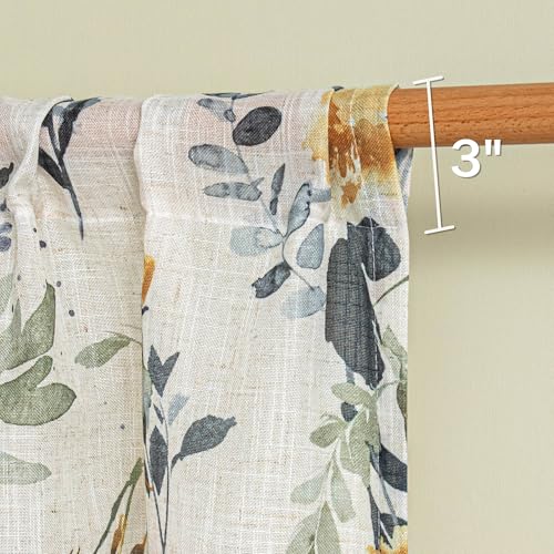 Image of MYSKY HOME Floral Kitchen Curtains 36 Inches Linen Tier Curtains 2 Panels | Farmhouse Blue Flower Patterned Small Window Treatments Airy Light Filtering Rod Pocket for Living Room Bathroom, Each 26 inch W