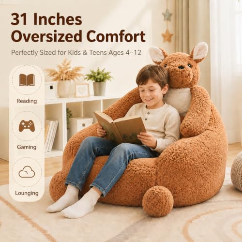 Image of 31 Inhces Memory Foam Bean Bag Chair - Ultra Soft Faux Rabbit Fur Sofa with Handle & Machine Washable Cover, Comfy Lazy Chair for Kids Teens, Perfect for Reading Gaming in Living Room Bedroom,Brown