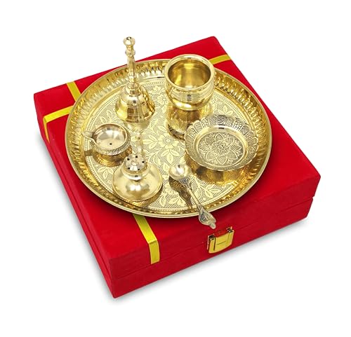 Image of BENGALEN Brass Pooja Thali Set with Red Gift Box 8 Inch Pital Puja Thali Dhup Dan Kalash Palli Ghanti Kangura Plate Kuber Diya for Diwali Home Mandir Office Wedding Return Gifts Items