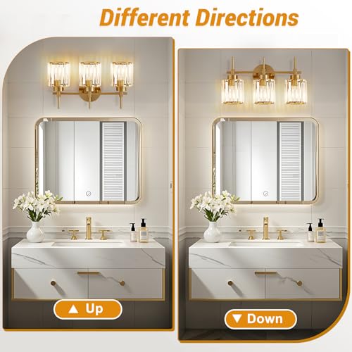 Image of EJIAXIN Bathroom Lighting Fixtures, 3 Light Gold Bathroom Light Fixtures with Clear Shades Modern Crystal Vanity Light Bath Room Vanity Lighting Over Mirror Wall Light