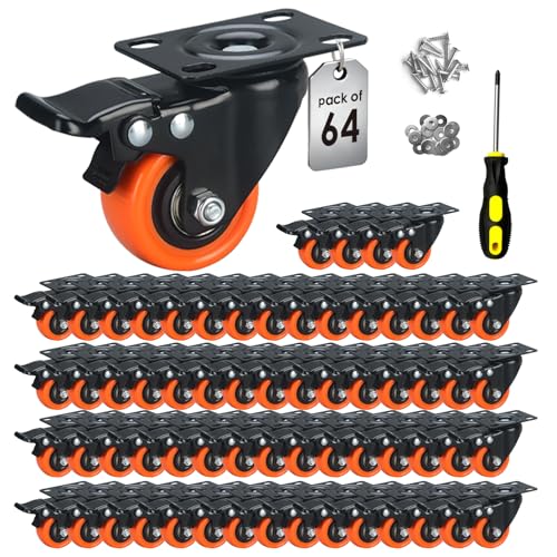 Image of 2 inch Caster Wheels Set of 64, Heavy Duty Casters with Brake, No Noise Locking Casters with Orange Polyurethane (PU) Wheels, Swivel Plate Castors Pack of 64