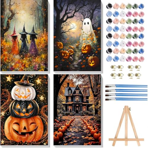 4 Pack Halloween Paint by Numbers for Adults with Framed Canvas - with Wooden Easel Witch Paint by Number on Canvas Fall Pumpkin DIY Acrylic Oil Painting Kits with Brushes for Home Wall Decor 8x12IN
