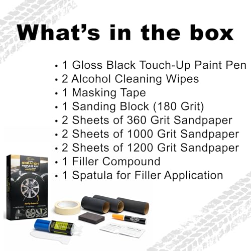 Image of Premium Wheel Scratch Repair Kit | Gloss Black Rim Touch-Up Pen 30ml | DIY Kit with Filler, Sanding Tools, Spatula & Tape | Deep Rim Repair for Painted Alloy Wheels