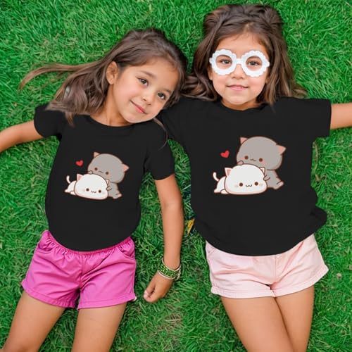 Image of KEEVICI Cute Cat Shirts for Girls Graphic Tees Kids Kawaii Cartoon Animal Print T Shirt Summer Cotton Short Sleeve Tops