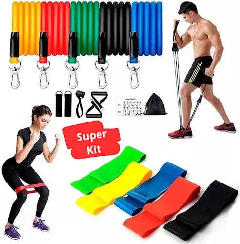 Miroc - Kit 5 Mini Band + Kit 11 Peças Elasticos Extensor Treino Em Casa Exercícios Malhar Musculação Fisioterapia