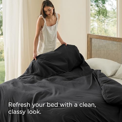 Image of Bedsure Prewashed Black Duvet Cover King Only, Cotton-Like Feel | 1 Duvet Cover Only, No Pillow Shams, Ultra Soft, Relaxed Texture, Zipper Closure, 8 Corner Ties, Year-Round, Easy Care