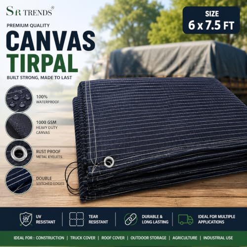 Image of 1200 GSM Heavy Duty Canvas Tarpaulin | 100% Waterproof Resistance, UV Resistant, Tear Proof Tarp with Reinforced Edges & Eyelets for Truck, Outdoor, Construction (Blue, 6 X 7.5 FT)