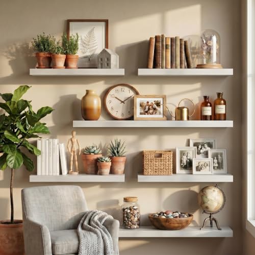 Image of Fun Memories 10 inch Deep Floating Shelves with Invisible Brackets, 20 inch Wall Shelves for Bathroom Bedroom Living Room, Modern Rustic Shelves for Home Decor, 20 inch W x 10 inch D x 1.5 inch H, Set of 3, White