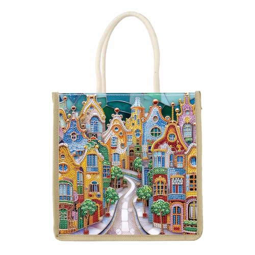 TDFERAN Diamond   Bolso de mano, 26 x 26 cm, de compras, para bandolera, pintura, diamante, tela, bricolaje, regalo, bolso de lona hecho a mano, con diamantes de la ciudad colorida, bolsa de