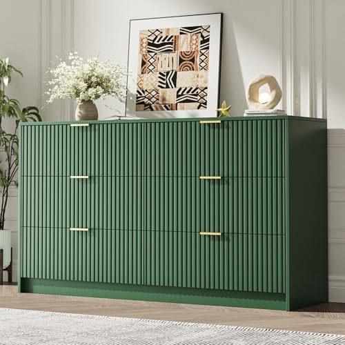 Image of MAISONARIA Green 6 Drawer Dresser for Bedroom, 55 inch Wide Modern Chest of Drawers with Gold Metal Handles, Fluted Wood TV Stand for Living Room, Hallway