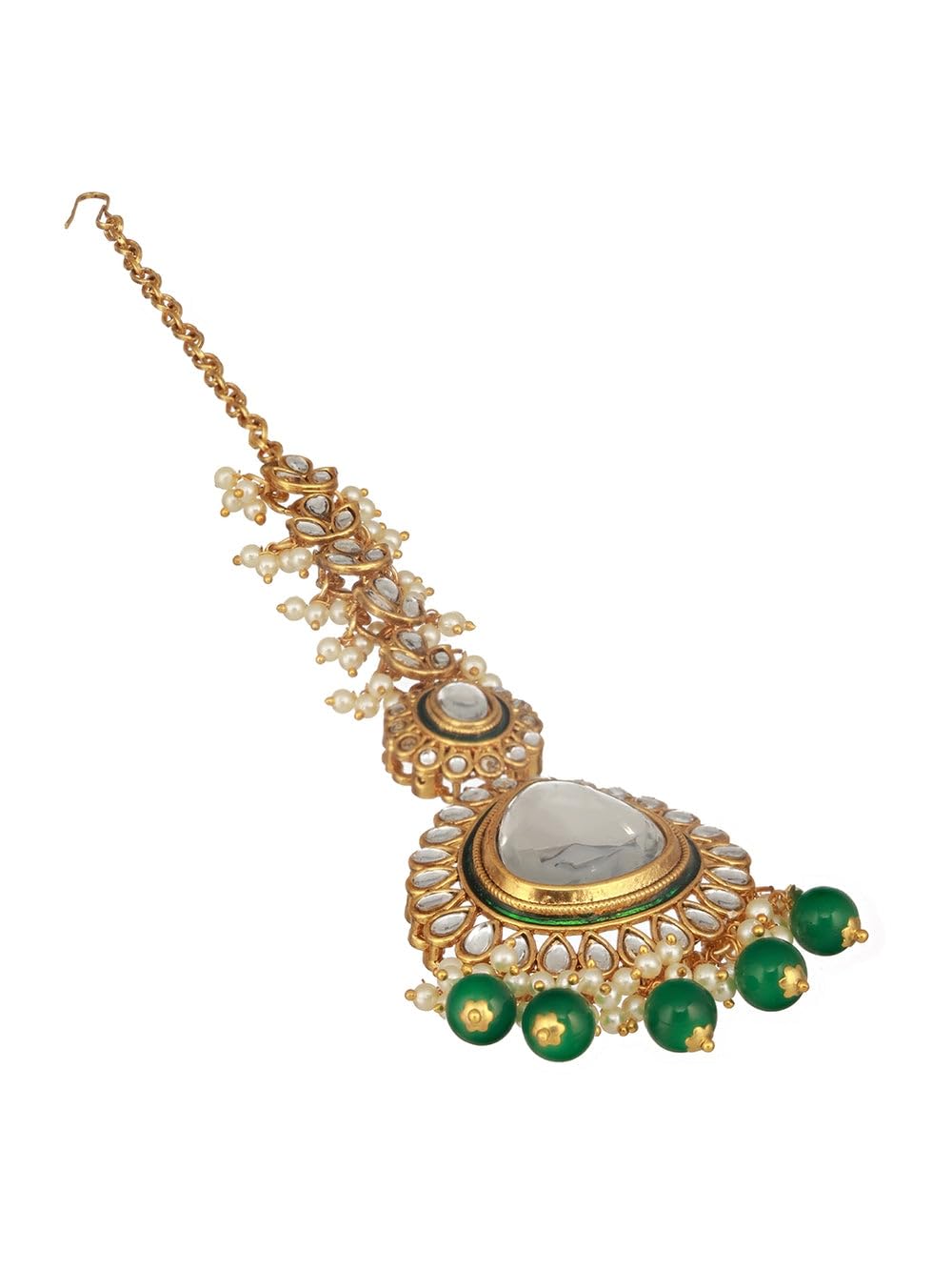 Gold-Plated White & Green Kundan Studded Pearl Beaded Maang Tikka for Women | Traditional Bridal Head Jewelry | Wedding, Festive-image-23