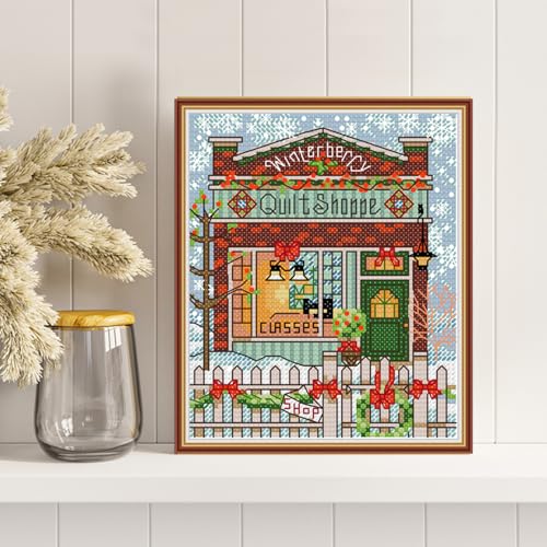 Image of CROSSDECOR Christmas Cottage Stamped Cross Stitch Kits 14CT Prestamped Easy Pattern Needlepoint Kits Crafts for Decor Embroidery Starter Kits DIY Cross Stitch Kits for Adults 17x15cm