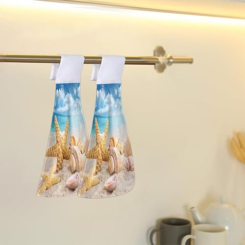ADTASU Paquete de 2 toallas de cocina con lazo para colgar, toallas de cocina colgantes de conchas de playa, toallas de mano absorbentes para colgar