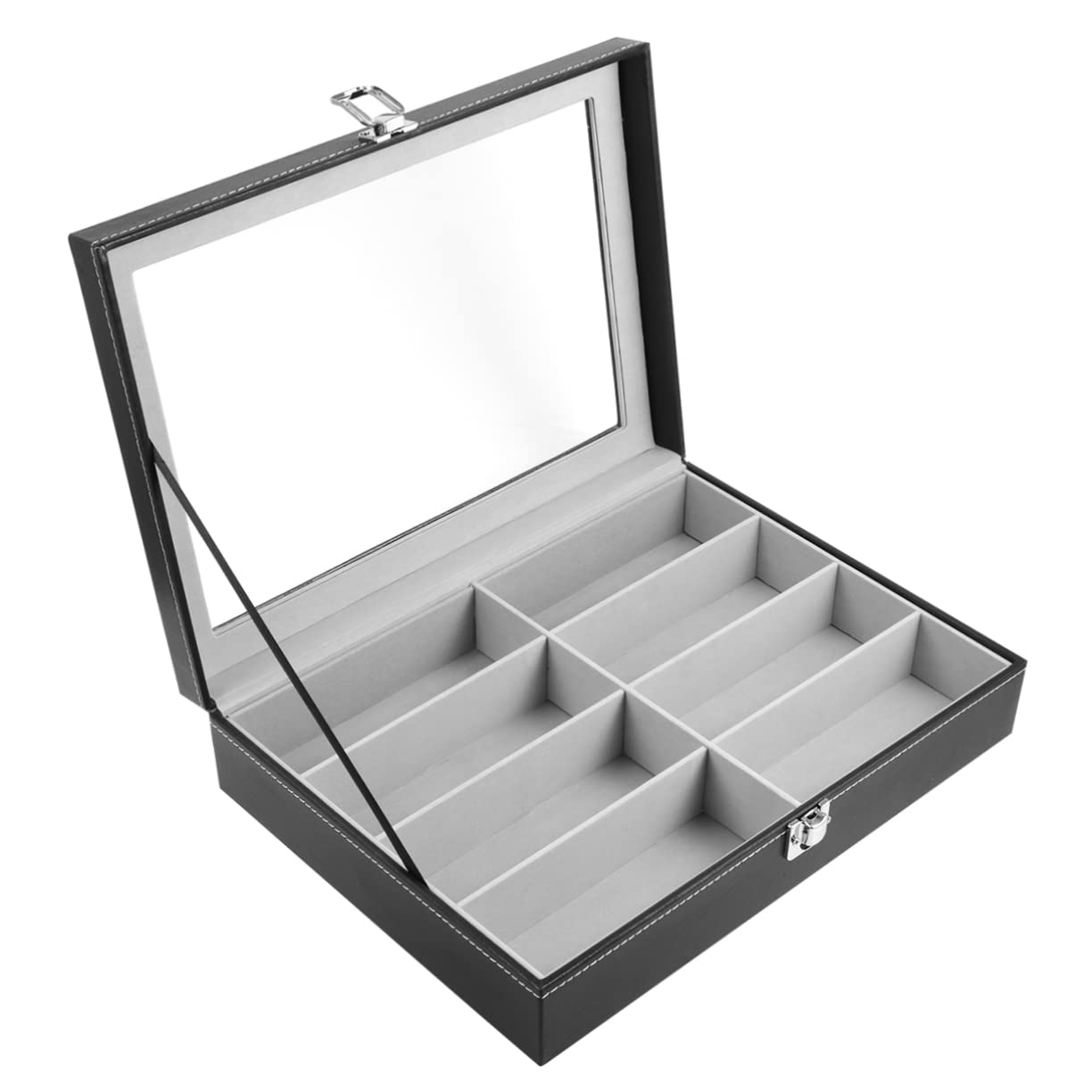 minkissy Estuche Organizador para Gafas De Sol con 8 Compartimentos, Interior De Tela Gris, Tapa De PU Negro con Textura De Punteado, Bandeja para Almacenamiento Seguro y Exhibición En Hogar y Tienda