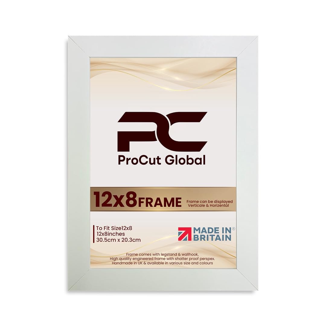 Procut Global 12X8 White Picture Frames - Modern Wooden Photo Frame with Shatterproof Perspex for Wall or Tabletop - Perfect for Posters, Certificates, Prints - Sizes & Colors Available