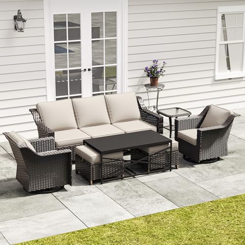 Image of 7 Pieces Outdoor Conversation Furniture Set - 77 inch Patio Sofa, 2 Swivel Rocker Chairs, 2 Ottomans, 1 Side Table, 1 Metal Table, Wicker Couch with Washable Cushions for Balcony (Beige) | Patio Chair Set with Olefin Removable Cushion, All-Weather Outdoor Couch with Deep Seat for Porch, Deck and Backyard, Beige