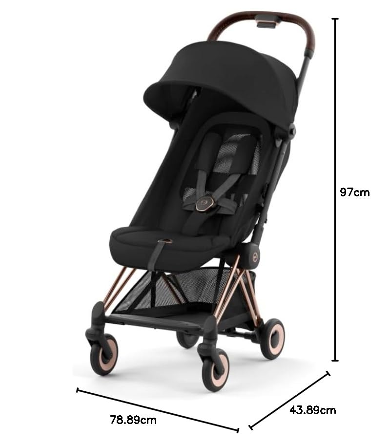 Image of Cybex Coya Compact Stroller, Lightweight One-hand Fold, Travel-Friendly Pram for Newborns, Infants, and Toddlers, Age 0-4 years, Flat Recline Position, One Pull Harness, Hand Luggage Compatible, Stroller (Sepia Black Rosegold Frame)