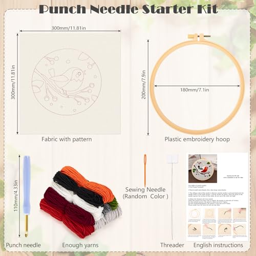 JSRQT Punch Needle Kit for Beginners DIY Cross Stitch Rug Embroidery Kit with Little Bird Pattern for Adult Kids Punch Needle Starter Kit with Tool for Home Decor - Image 2